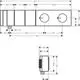 Edge Thermostatmodul von AXOR in Chrom, Unterputzdesign für zwei Verbraucher, mit maßlichen Angaben im technischen Diagramm.